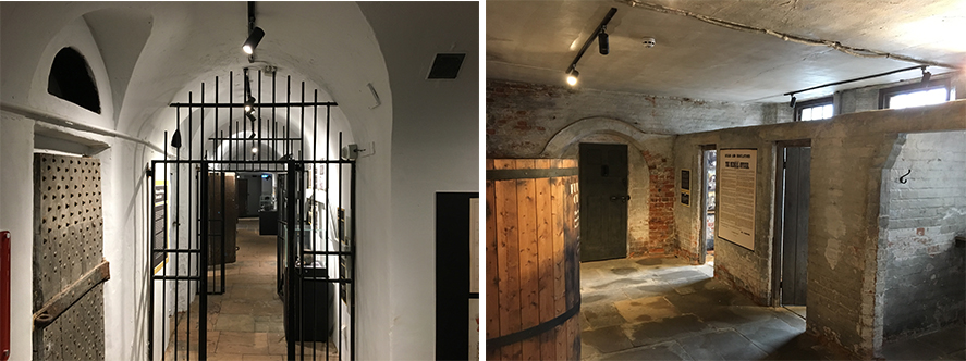 (Left) Prison corridor exhibit using Gridspots LED's (Right) Laundry area as part of the women's prison exhibit