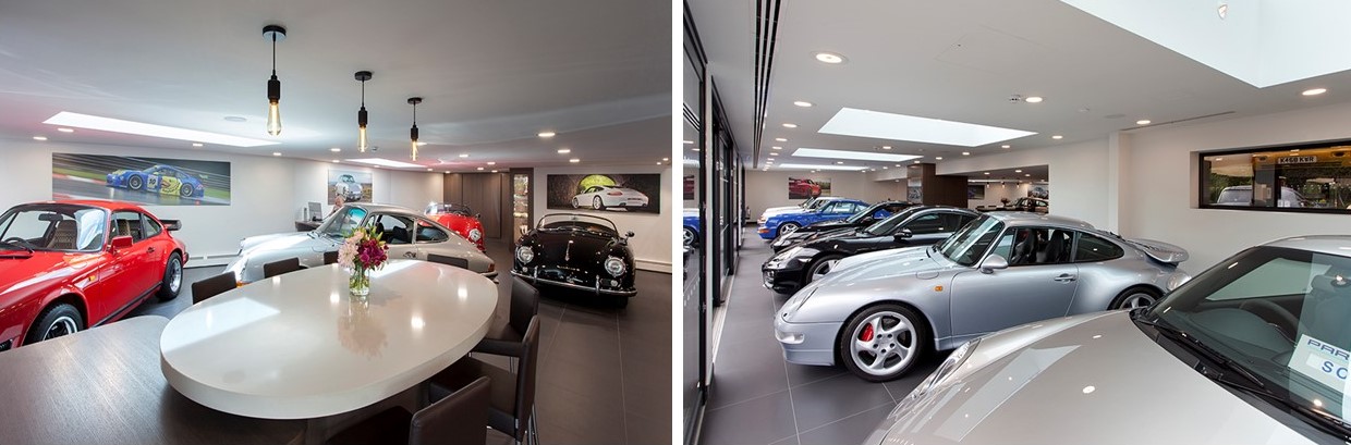 Paragon Porsche main foyer with Illuma Spira LED and Twizzle LED downlights, East Sussex, UK