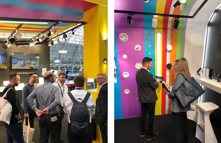 (left) Robert Chesterfield demonstrates Illuma's colour temperature changing downlights (right) Morris Costello talks through Illuma's lighting design video walkthroughs with visitors 